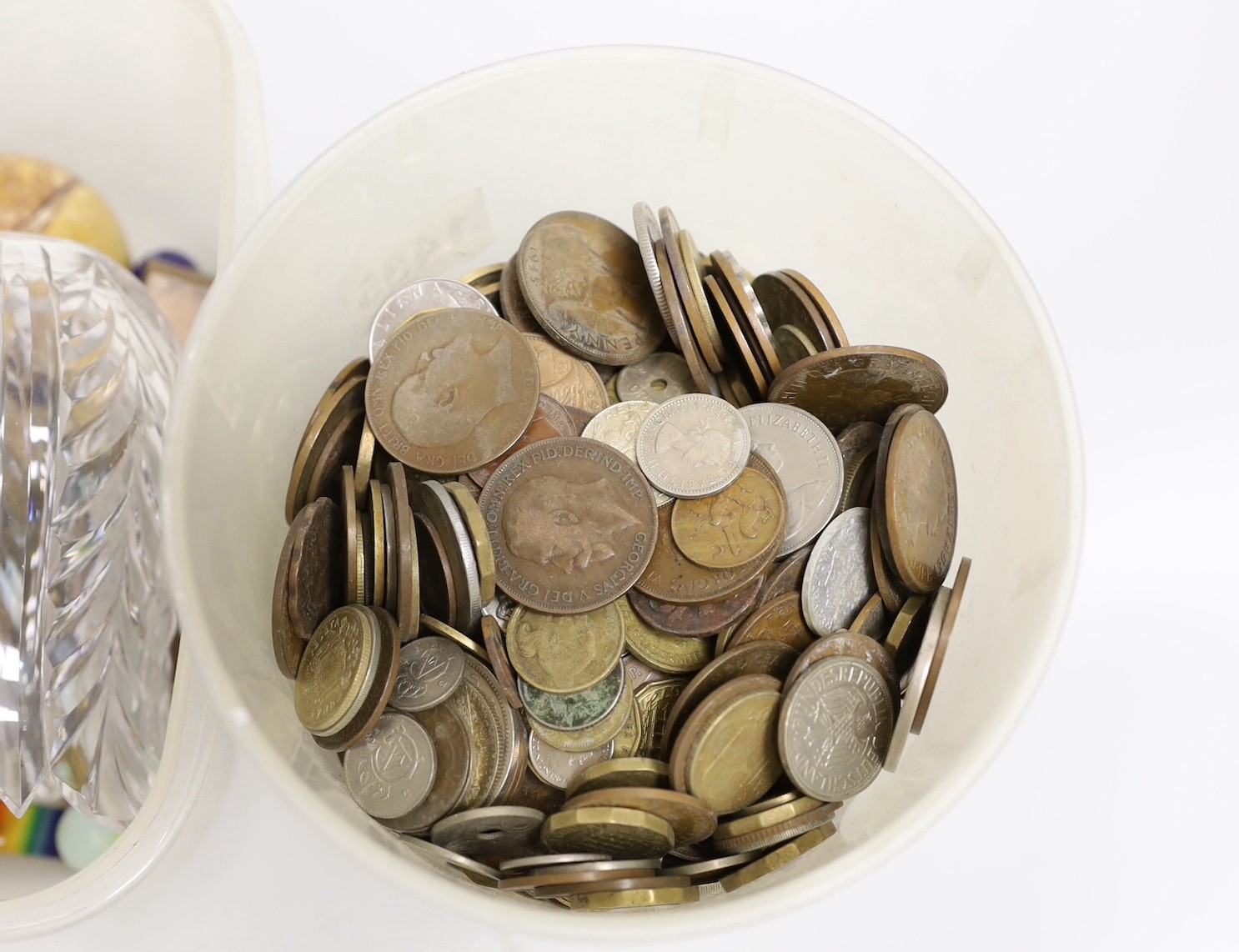 Cut glass light fitments, a quantity of marbles and mixed coinage etc